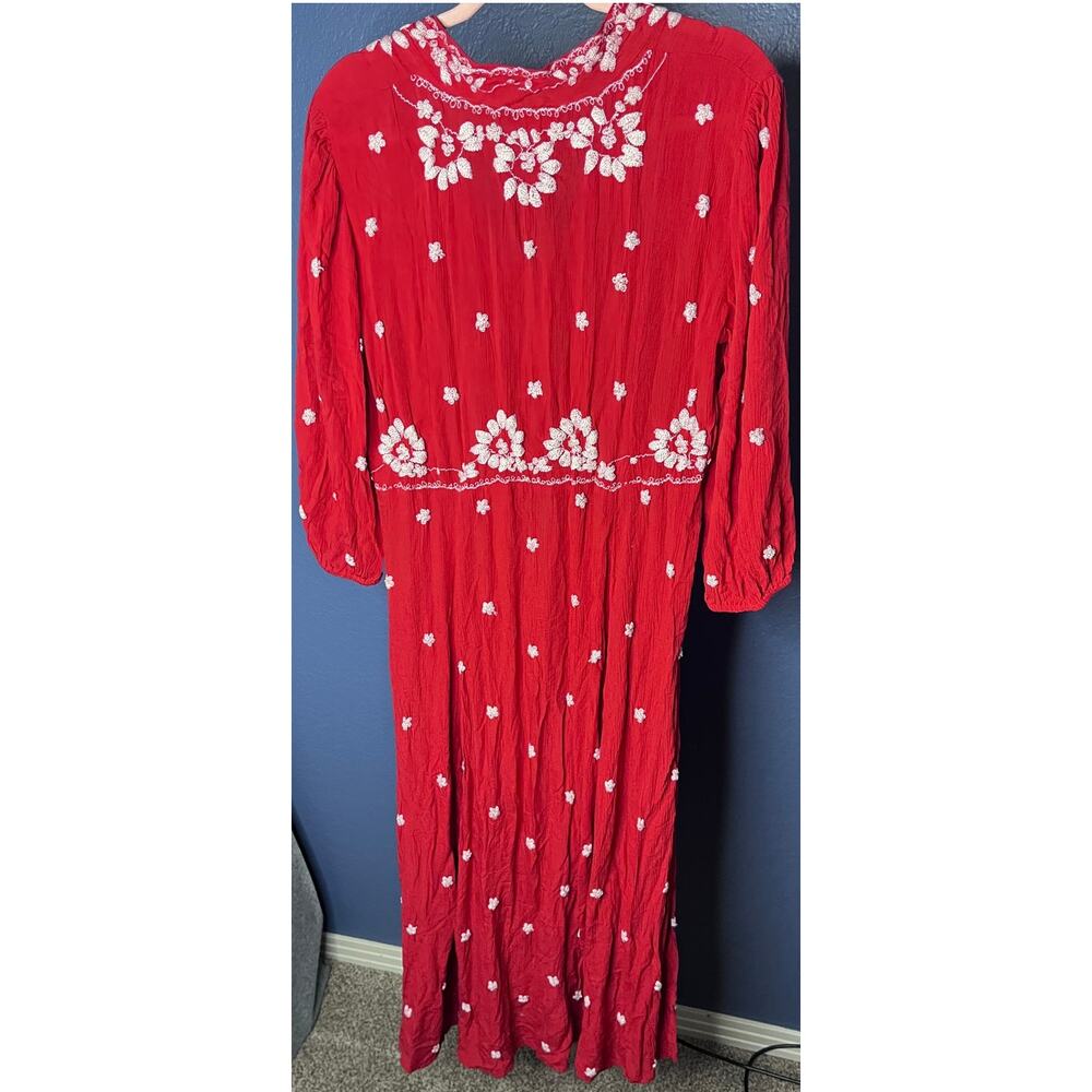 Free People Red Embroidered Boho Maxi Dress Long Sleeve Tie Front Size M - Picture 3 of 7